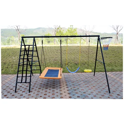 Juegos de columpios 5 en 1 con doble refuerzo resistente, columpio de platillo de 440 libras, escalera de cuerda para escalar, aro de baloncesto